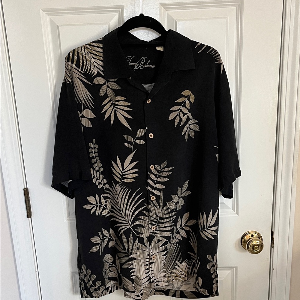 Tommy Bahama Black and Beige Leaf Print Silk Shirt